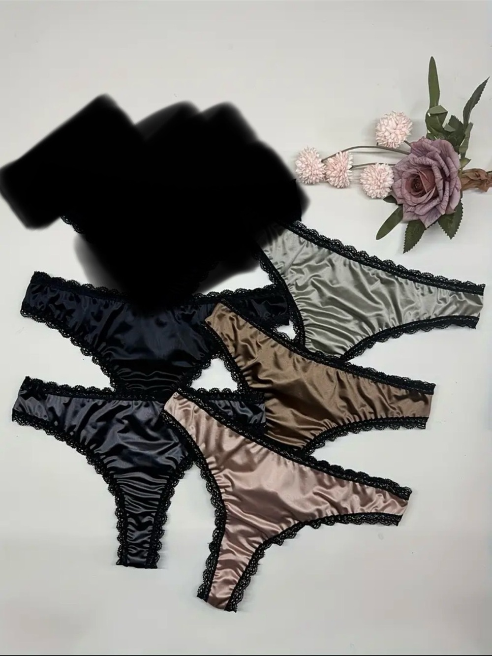 Satin Lace-Trim Thong Panties - 5-Pack (Black, Gray, Brown, Taupe) for Jose